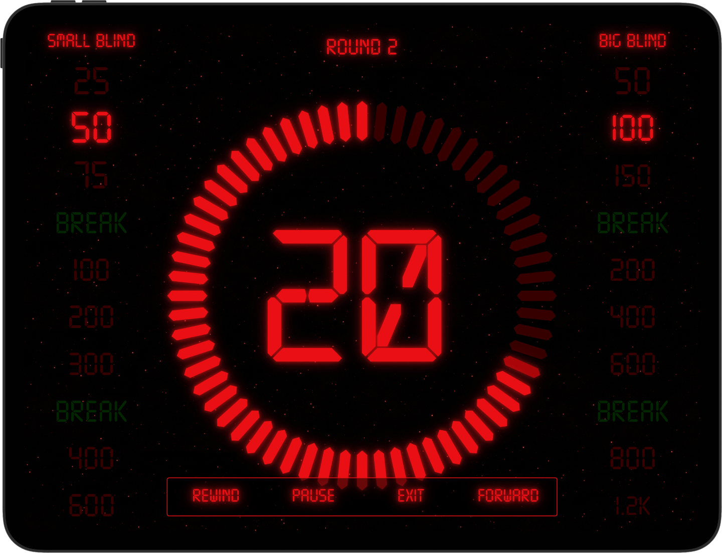 Poker Clock on iPad, mid-game view showing the blind schedule and animated clock face