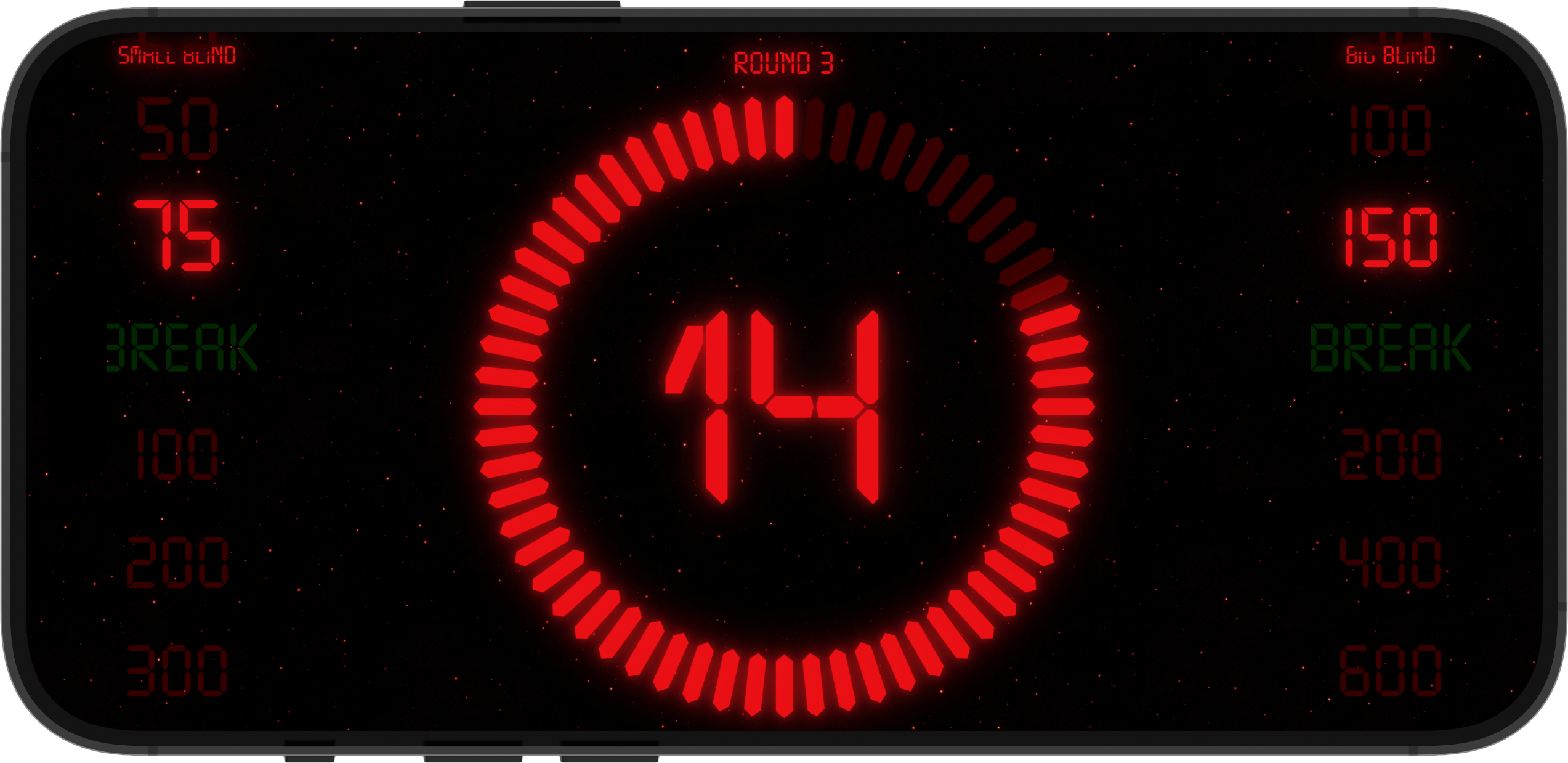 Poker Clock on iPhone in landscape, three-column clock view