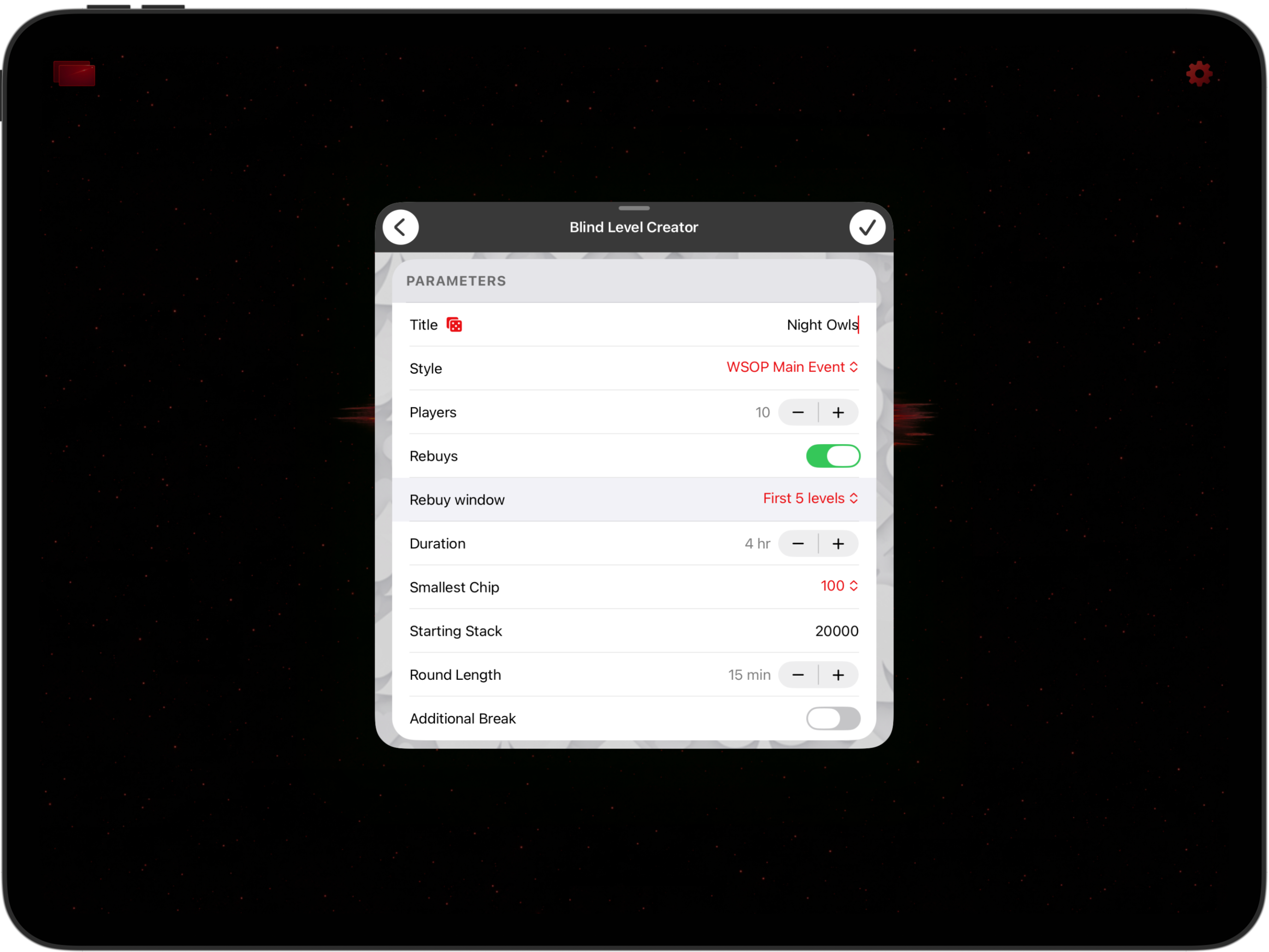 The blind structure creator on iPad, with tournament style, player count and game length